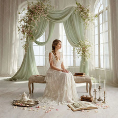 Aperturee - Aperturee Elegant Light Green Drapes Floral Arch Combo Set Backdrop Arched Windows Marble Floor for Wedding Photography