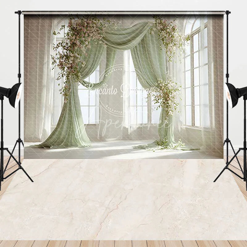 Aperturee - Aperturee Elegant Light Green Drapes Floral Arch Combo Set Backdrop Arched Windows Marble Floor for Wedding Photography