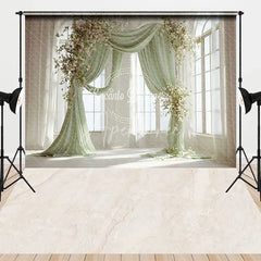 Aperturee - Aperturee Elegant Light Green Drapes Floral Arch Combo Set Backdrop Arched Windows Marble Floor for Wedding Photography