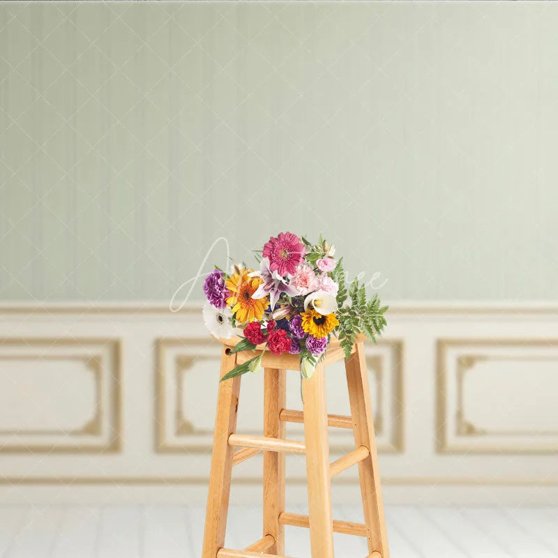 Aperturee - Aperturee Elegant Light Green Striped Wallpaper and Gold Trim Wainscoting Photography Backdrop Classic Interior Decor