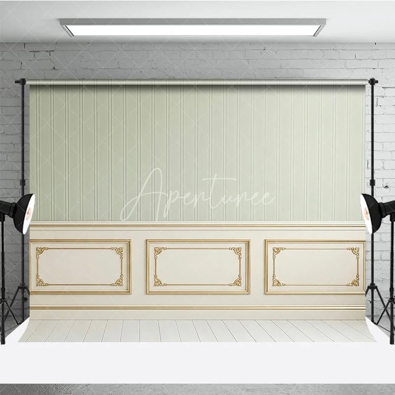 Aperturee - Aperturee Elegant Light Green Striped Wallpaper and Gold Trim Wainscoting Photography Backdrop Classic Interior Decor