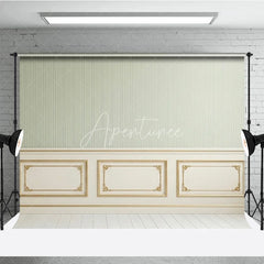 Aperturee - Aperturee Elegant Light Green Striped Wallpaper and Gold Trim Wainscoting Photography Backdrop Classic Interior Decor