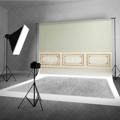 Aperturee - Aperturee Elegant Light Green Striped Wallpaper and Gold Trim Wainscoting Photography Backdrop Classic Interior Decor