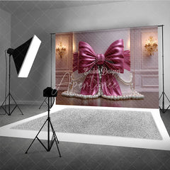 Aperturee - Aperturee Elegant Magenta Satin Bow and Pearl Photography Backdrop with a Classic Column and Ornate Chandeliers