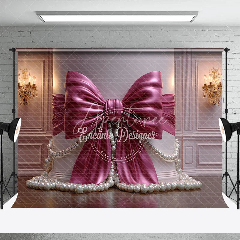 Aperturee - Aperturee Elegant Magenta Satin Bow and Pearl Photography Backdrop with a Classic Column and Ornate Chandeliers