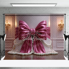 Aperturee - Aperturee Elegant Magenta Satin Bow and Pearl Photography Backdrop with a Classic Column and Ornate Chandeliers