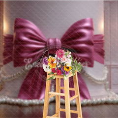 Aperturee - Aperturee Elegant Magenta Satin Bow and Pearl Photography Backdrop with a Classic Column and Ornate Chandeliers