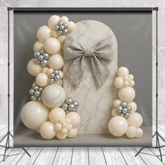 Aperturee Aperturee Elegant Marble Arch Cake Smash Backdrop Gray Bow and Neutral Balloons Modern First Birthday Photography Prop