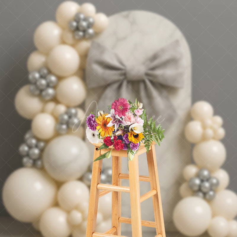 Aperturee Aperturee Elegant Marble Arch Cake Smash Backdrop Gray Bow and Neutral Balloons Modern First Birthday Photography Prop