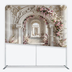 Aperturee - Aperturee Elegant Marble Archway Square Tension Backdrop Pink Floral Garland White Column Luxury for Wedding Party Photography