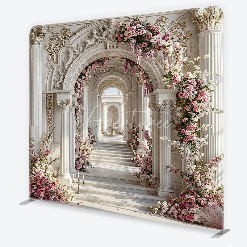 Aperturee - Aperturee Elegant Marble Archway Square Tension Backdrop Pink Floral Garland White Column Luxury for Wedding Party Photography