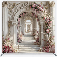 Aperturee - Aperturee Elegant Marble Archway Square Tension Backdrop Pink Floral Garland White Column Luxury for Wedding Party Photography