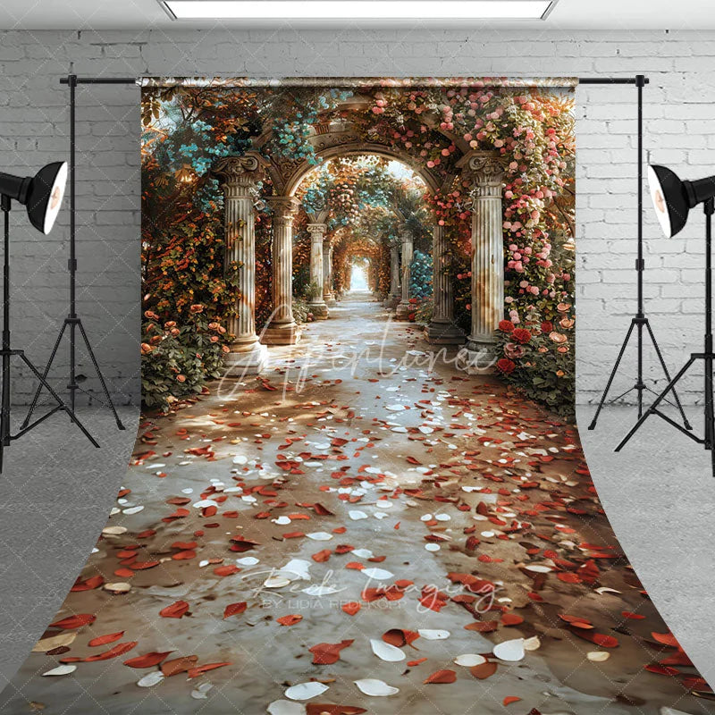 Aperturee - Aperturee Elegant Marble Column Arch Backdrop Rose Floral Garden Path with Fallen Petals Romantic Wedding Background