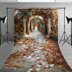 Aperturee - Aperturee Elegant Marble Column Arch Backdrop Rose Floral Garden Path with Fallen Petals Romantic Wedding Background