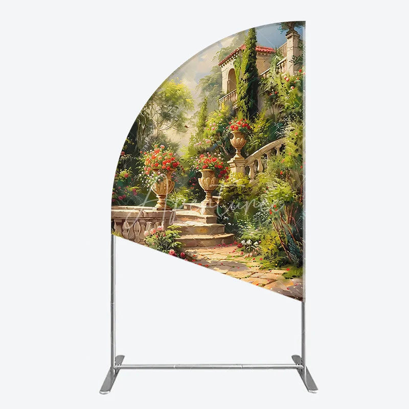 Aperturee - Aperturee Elegant Mediterranean Garden half moon arch backdrop featuring a picturesque stone staircase and vibrant floral urns
