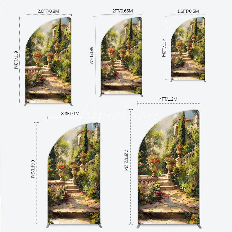 Aperturee - Aperturee Elegant Mediterranean Garden half moon arch backdrop featuring a picturesque stone staircase and vibrant floral urns