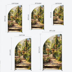 Aperturee - Aperturee Elegant Mediterranean Garden half moon arch backdrop featuring a picturesque stone staircase and vibrant floral urns