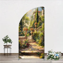Aperturee - Aperturee Elegant Mediterranean Garden half moon arch backdrop featuring a picturesque stone staircase and vibrant floral urns