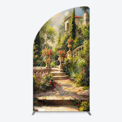 Aperturee - Aperturee Elegant Mediterranean Garden half moon arch backdrop featuring a picturesque stone staircase and vibrant floral urns