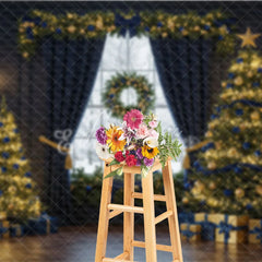 Aperturee - Aperturee Elegant Navy Blue and Gold Christmas Photography Backdrop Snowy Window with Trees Luxury Holiday Photo Background