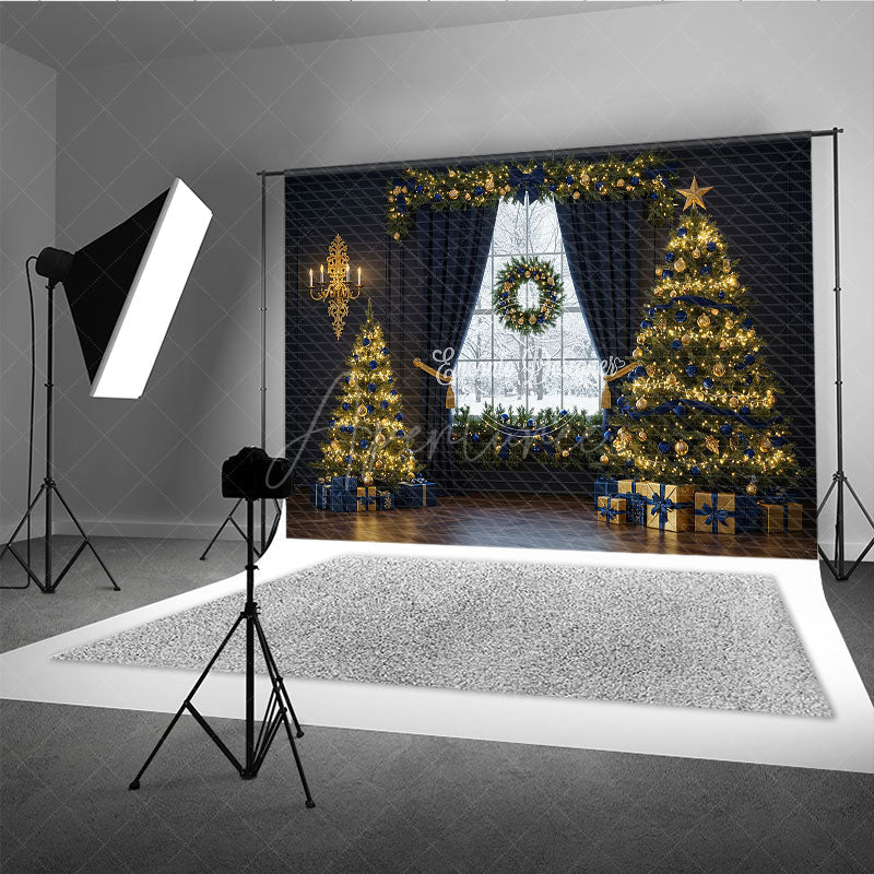 Aperturee - Aperturee Elegant Navy Blue and Gold Christmas Photography Backdrop Snowy Window with Trees Luxury Holiday Photo Background