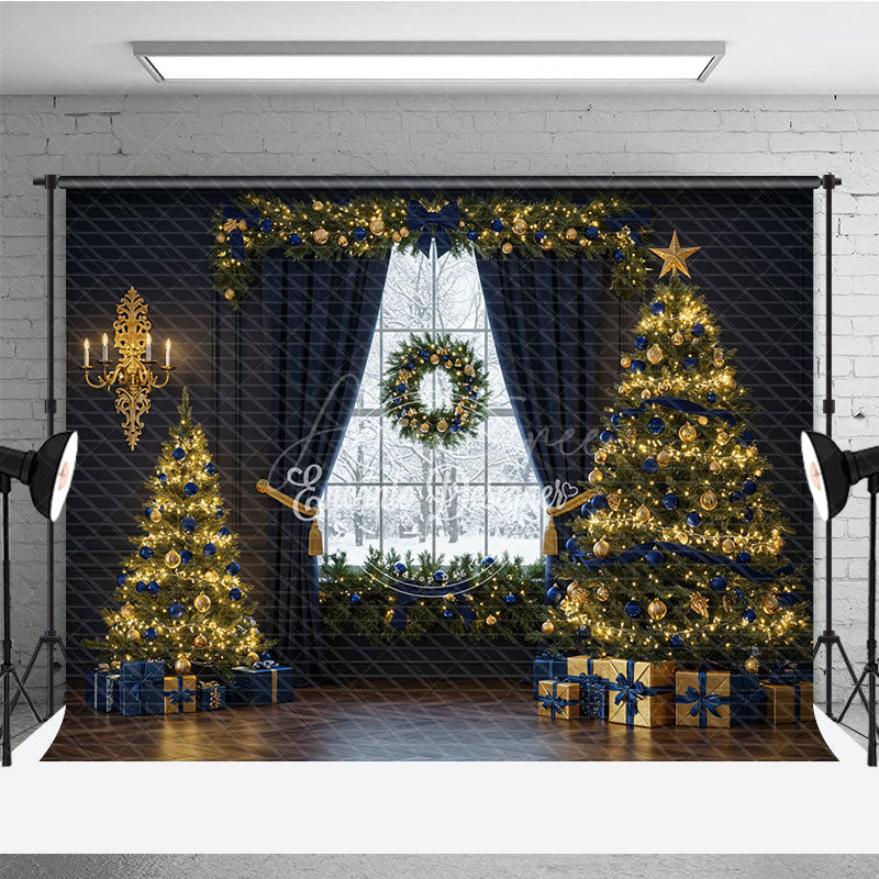 Aperturee - Aperturee Elegant Navy Blue and Gold Christmas Photography Backdrop Snowy Window with Trees Luxury Holiday Photo Background
