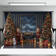 Aperturee - Aperturee Elegant Navy Blue Christmas Photography Backdrop Nutcrackers and Snowman Starry Night Holiday Photo Background