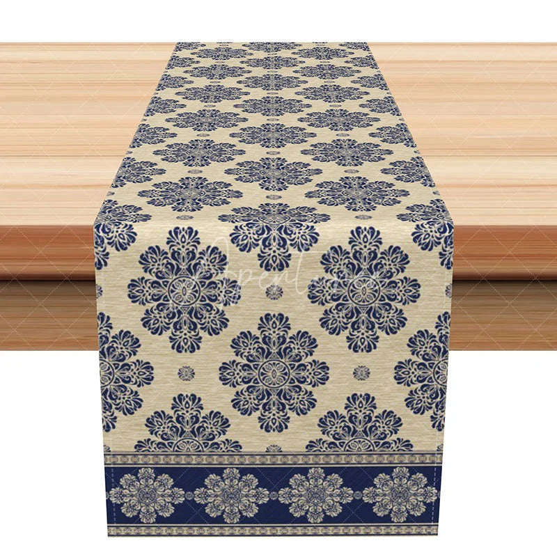 Aperturee - Aperturee Elegant Navy Blue Damask Table Runner Beige Neutral Pattern Modern Farmhouse Dining Decor