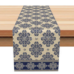 Aperturee - Aperturee Elegant Navy Blue Damask Table Runner Beige Neutral Pattern Modern Farmhouse Dining Decor