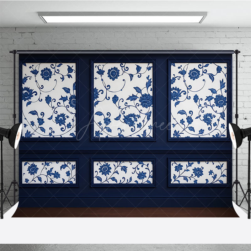 Aperturee Aperturee Elegant Navy Blue Wall Photography Backdrop Chinoiserie Style with Floral Panels Fine Art Studio Photo Prop