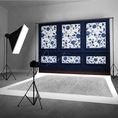 Aperturee Aperturee Elegant Navy Blue Wall Photography Backdrop Chinoiserie Style with Floral Panels Fine Art Studio Photo Prop
