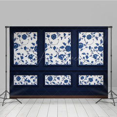 Aperturee Aperturee Elegant Navy Blue Wall Photography Backdrop Chinoiserie Style with Floral Panels Fine Art Studio Photo Prop
