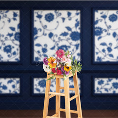 Aperturee Aperturee Elegant Navy Blue Wall Photography Backdrop Chinoiserie Style with Floral Panels Fine Art Studio Photo Prop