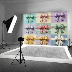 Aperturee - Aperturee Elegant Pastel Bows Gift Wrap Photography Backdrop Multi-Color Textured Design for Baby Shower and Birthday Party