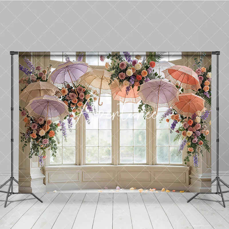 Aperturee - Aperturee Elegant Pastel Floral and Lace Umbrella Window Photography Backdrop Romantic Wedding Bridal Shower Decor