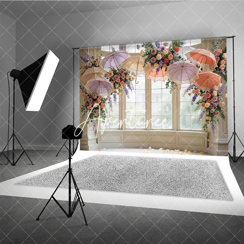 Aperturee - Aperturee Elegant Pastel Floral and Lace Umbrella Window Photography Backdrop Romantic Wedding Bridal Shower Decor