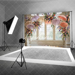 Aperturee - Aperturee Elegant Pastel Floral and Lace Umbrella Window Photography Backdrop Romantic Wedding Bridal Shower Decor