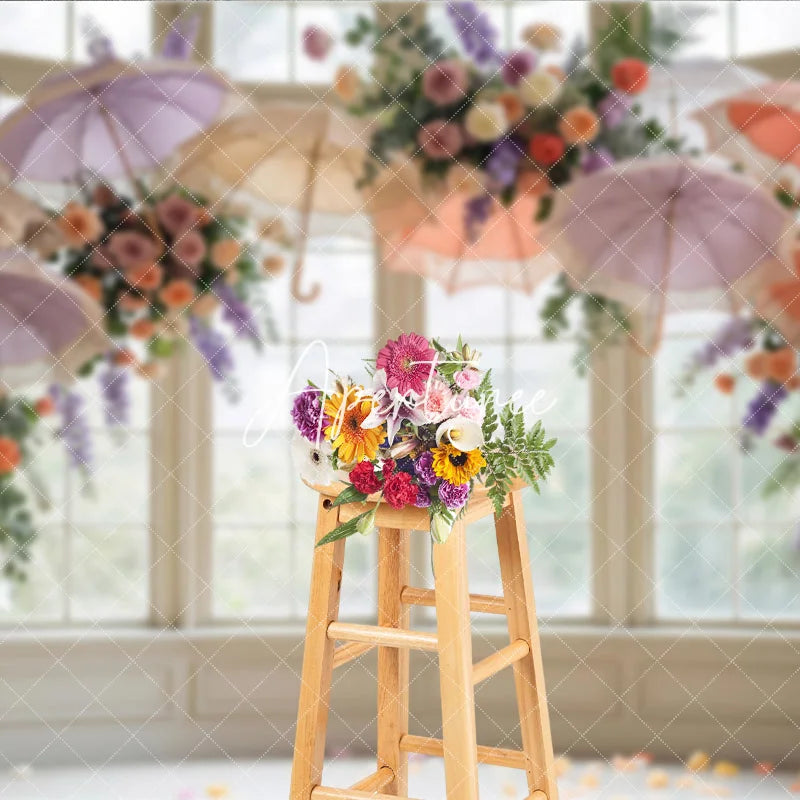 Aperturee - Aperturee Elegant Pastel Floral and Lace Umbrella Window Photography Backdrop Romantic Wedding Bridal Shower Decor