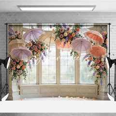Aperturee - Aperturee Elegant Pastel Floral and Lace Umbrella Window Photography Backdrop Romantic Wedding Bridal Shower Decor