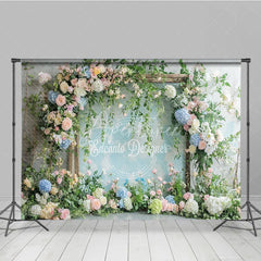Aperturee - Aperturee Elegant Pastel Floral Arch Photography Backdrop Pink and Blue Flowers with Lush Greenery for Wedding Baby Shower