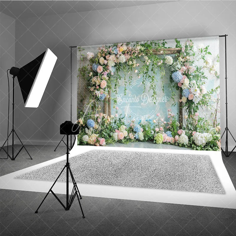 Aperturee - Aperturee Elegant Pastel Floral Arch Photography Backdrop Pink and Blue Flowers with Lush Greenery for Wedding Baby Shower