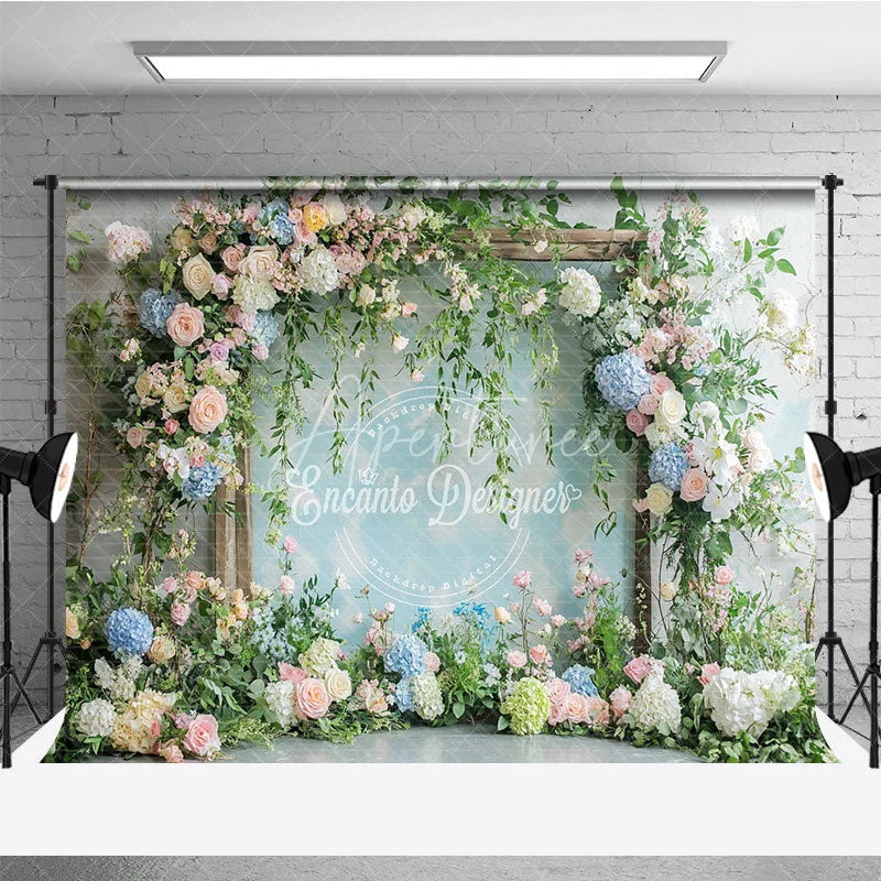 Aperturee - Aperturee Elegant Pastel Floral Arch Photography Backdrop Pink and Blue Flowers with Lush Greenery for Wedding Baby Shower
