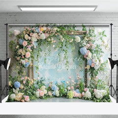 Aperturee - Aperturee Elegant Pastel Floral Arch Photography Backdrop Pink and Blue Flowers with Lush Greenery for Wedding Baby Shower