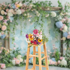 Aperturee - Aperturee Elegant Pastel Floral Arch Photography Backdrop Pink and Blue Flowers with Lush Greenery for Wedding Baby Shower