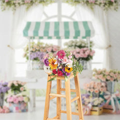 Aperturee - Aperturee Elegant Pastel Flower Cart Photography Backdrop Garden Window Scene with Roses and Hydrangeas