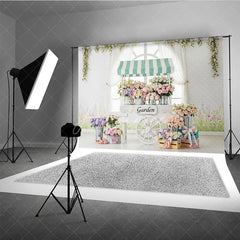 Aperturee - Aperturee Elegant Pastel Flower Cart Photography Backdrop Garden Window Scene with Roses and Hydrangeas