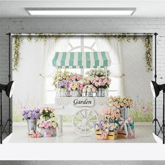Aperturee - Aperturee Elegant Pastel Flower Cart Photography Backdrop Garden Window Scene with Roses and Hydrangeas