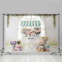 Aperturee - Aperturee Elegant Pastel Flower Cart Photography Backdrop Garden Window Scene with Roses and Hydrangeas