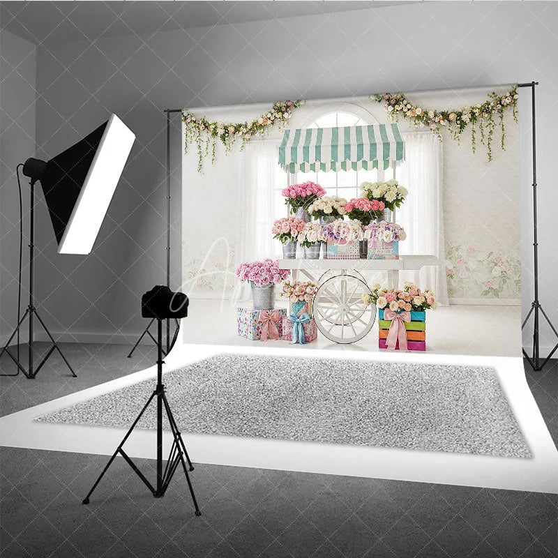 Aperturee - Aperturee Elegant Pastel Flower Cart Photography Backdrop with Roses and Floral Garlands Spring Baby Shower Birthday Decor