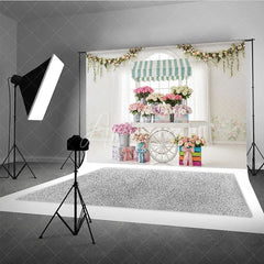 Aperturee - Aperturee Elegant Pastel Flower Cart Photography Backdrop with Roses and Floral Garlands Spring Baby Shower Birthday Decor